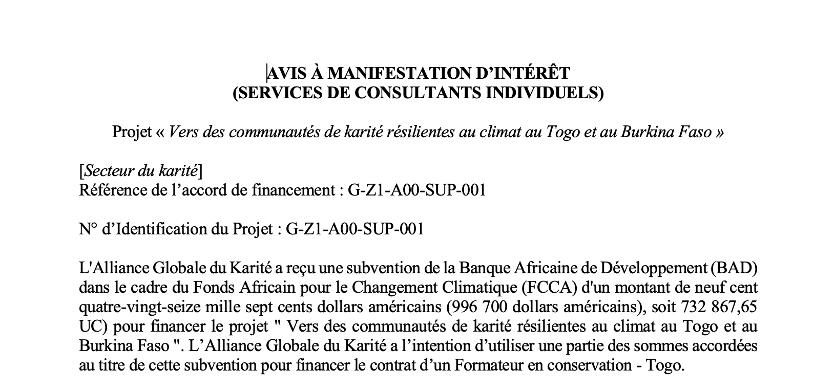 AMI Consultant Conservation Togo